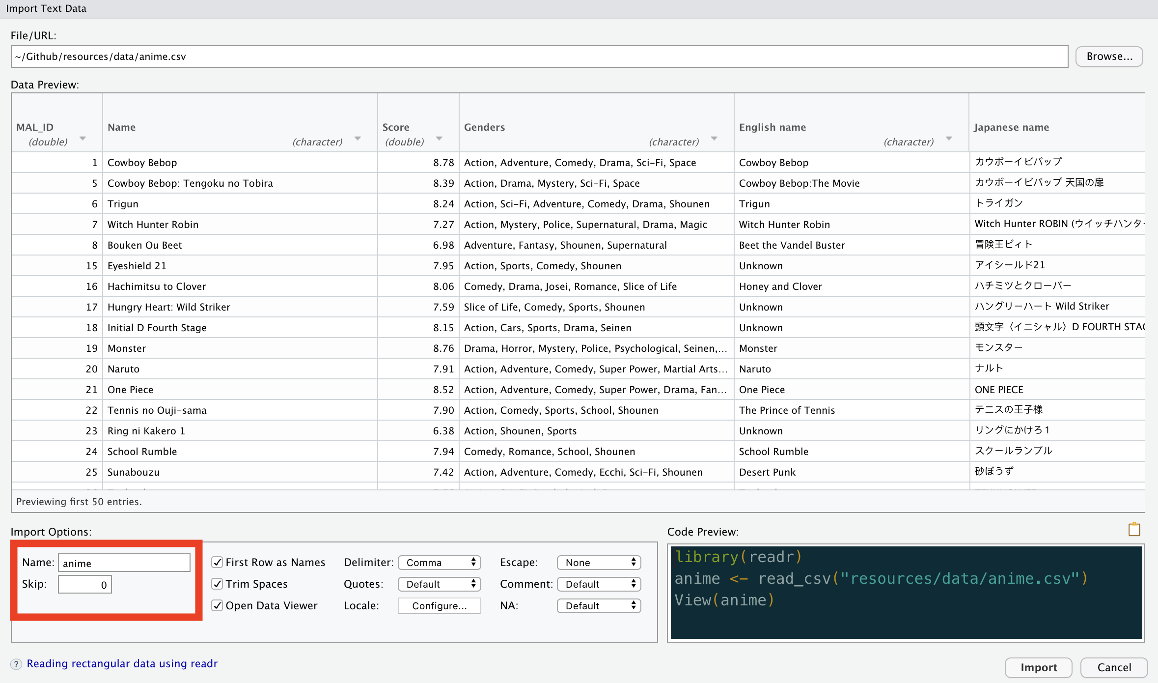 The Import Data Window.